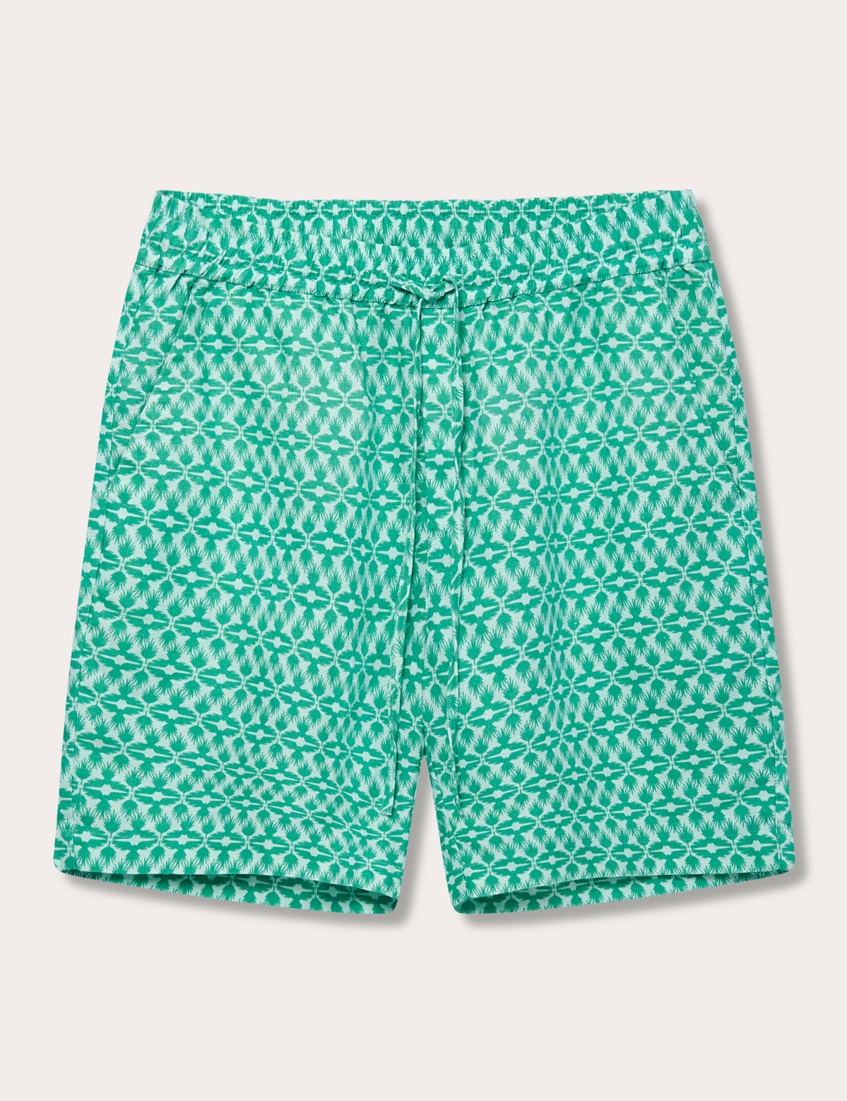 Men's Palm Eagle Joulter Linen Short in green with a tropical palm and bird-inspired pattern, featuring a drawstring waistband for comfort.