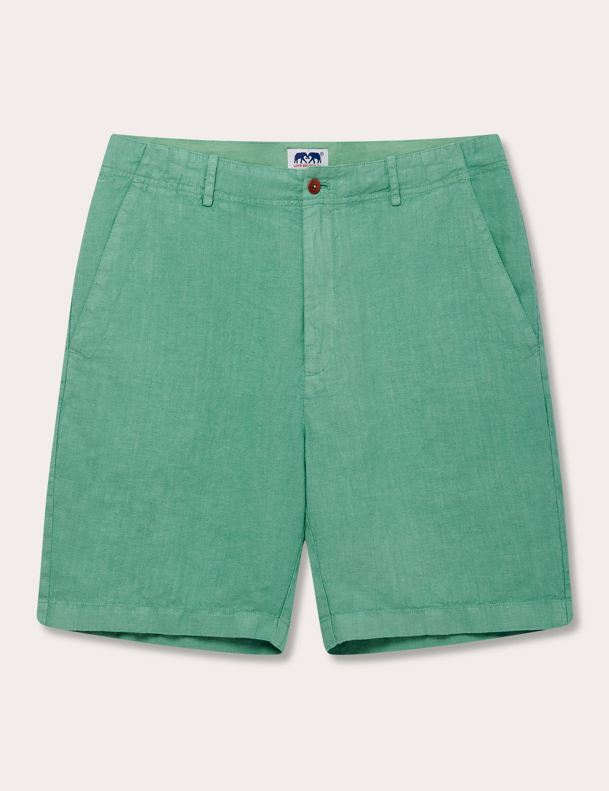 Men's Riviera Green Burrow Linen Shorts displayed against a plain background.