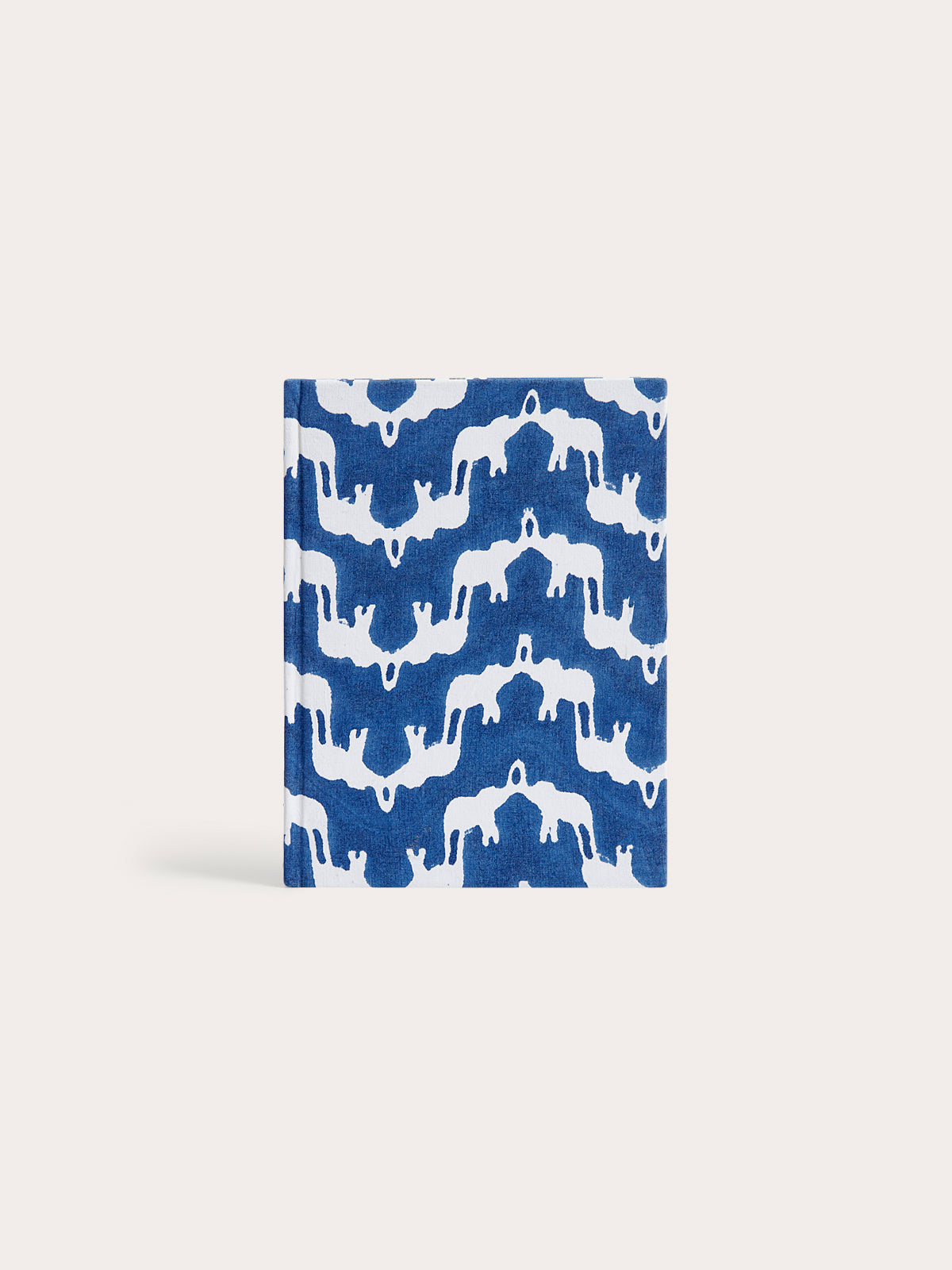 Block-printed notebook with blue and white 'Elephants of India' design on cotton hardcover.