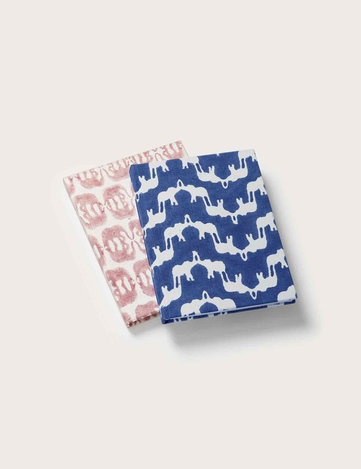 Set of two eco-friendly notebooks with block-printed cotton covers featuring 'Elephant Palace' and 'Elephants of India' prints, one with a pink design and the other with a blue design.