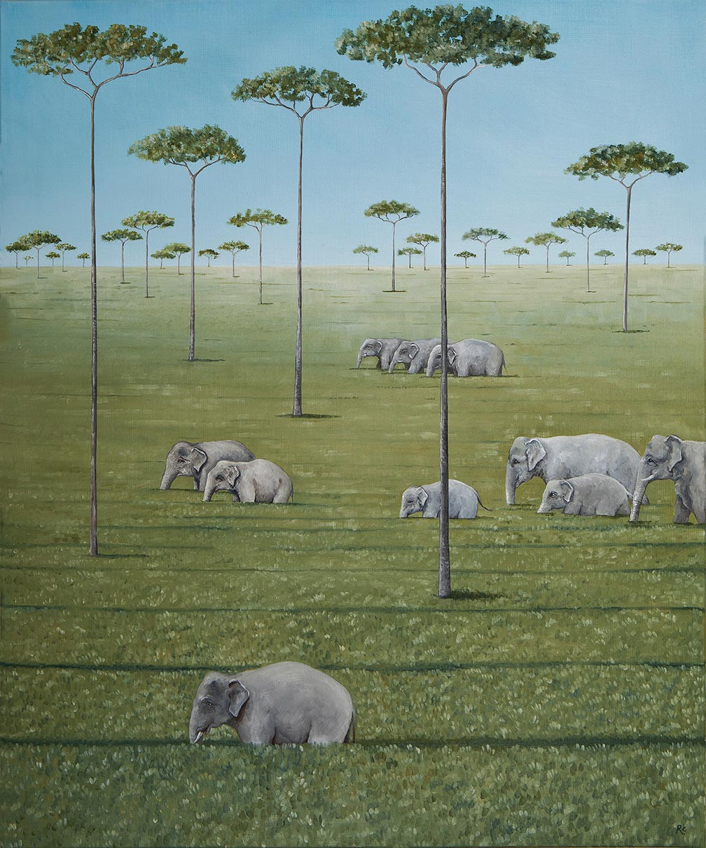 A Cup of Rosie Lee by Rebecca Campbell. Painting depicting elephants in long grass.