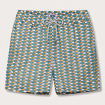 Men's Sea Flowers Staniel Swim Shorts with ochre, white, and green sea anemone pattern on a deep blue background.