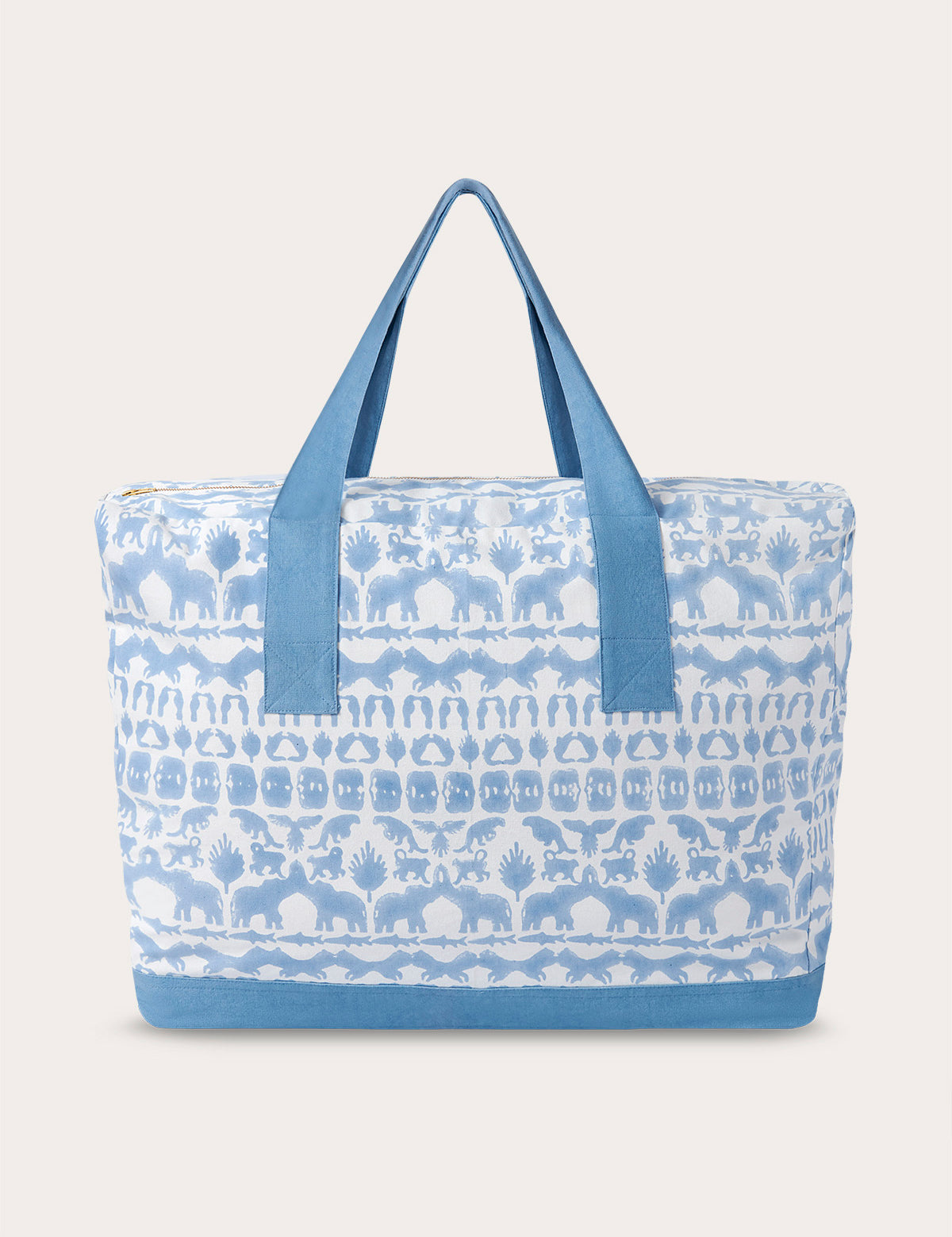 Canvas Tote Bag with unique "Coexist" print in sky blue, featuring elephants, tigers, and hornbills, crafted from block-printed premium cotton canvas with inside pockets and recycled plastic lining.