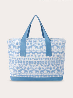 Canvas Tote Bag with unique "Coexist" print in sky blue, featuring elephants, tigers, and hornbills, crafted from block-printed premium cotton canvas with inside pockets and recycled plastic lining.