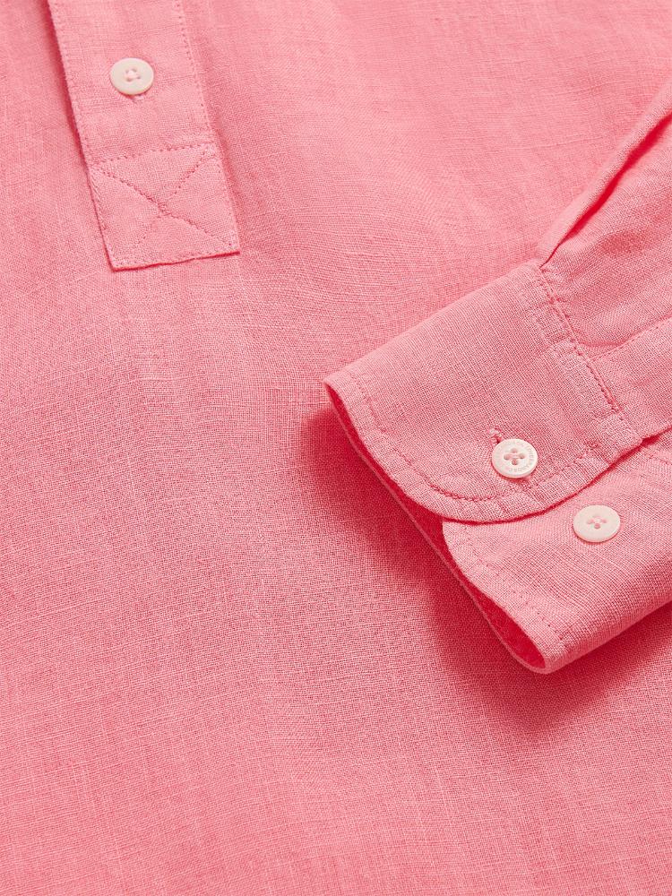 Men's Watermelon Hoffman Linen Shirt in vibrant pink-red hue with white buttons and detailed stitching.