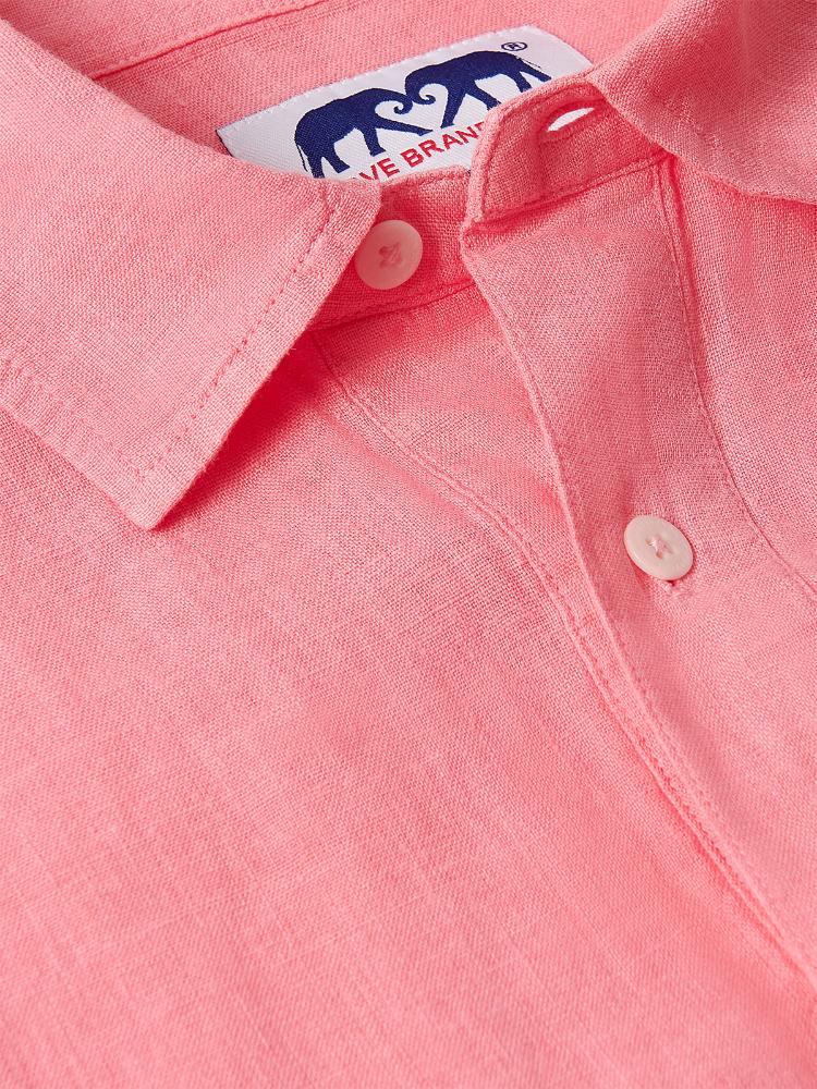 Watermelon Hoffman men's Linen Shirt with a vibrant pink-red hue, featuring a classic collar and button placket. Old money shirts made from breathable 100% linen material.