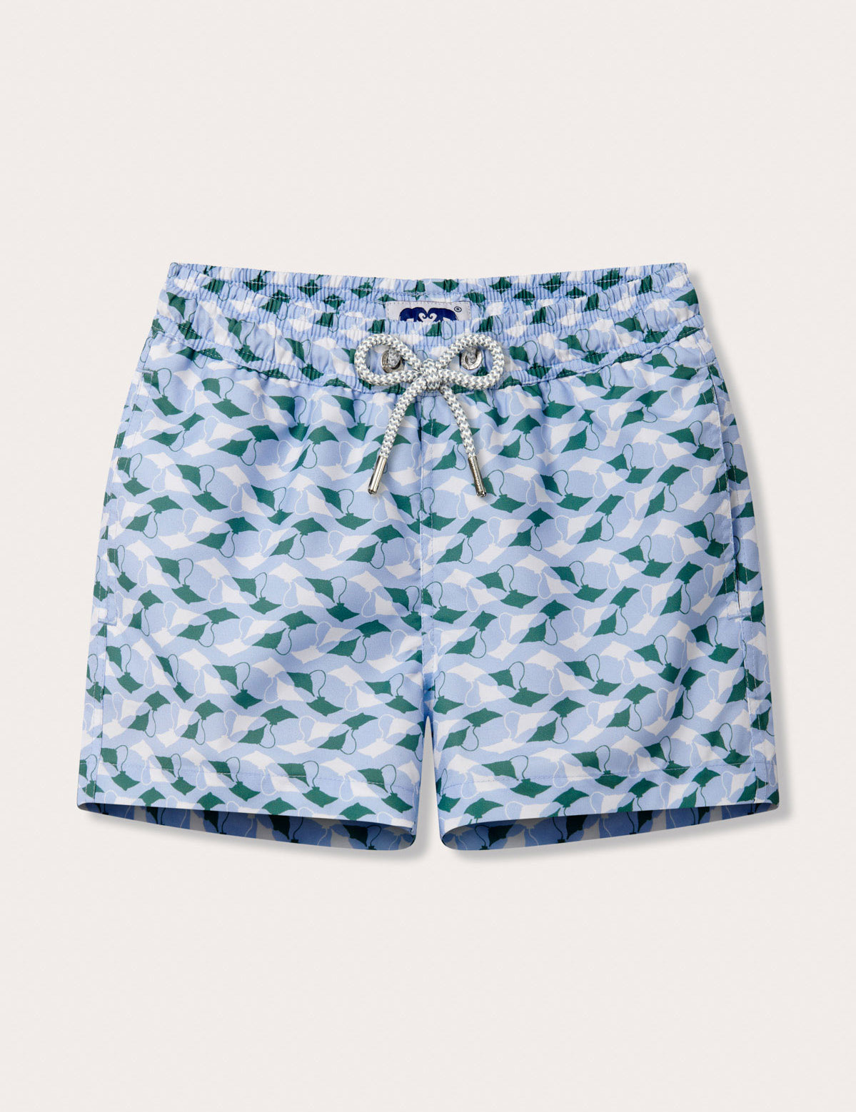 Boys patterned swim shorts with emerald and white manta ray design, featuring a drawstring waist, made from 100% recycled, quick-dry fabric.