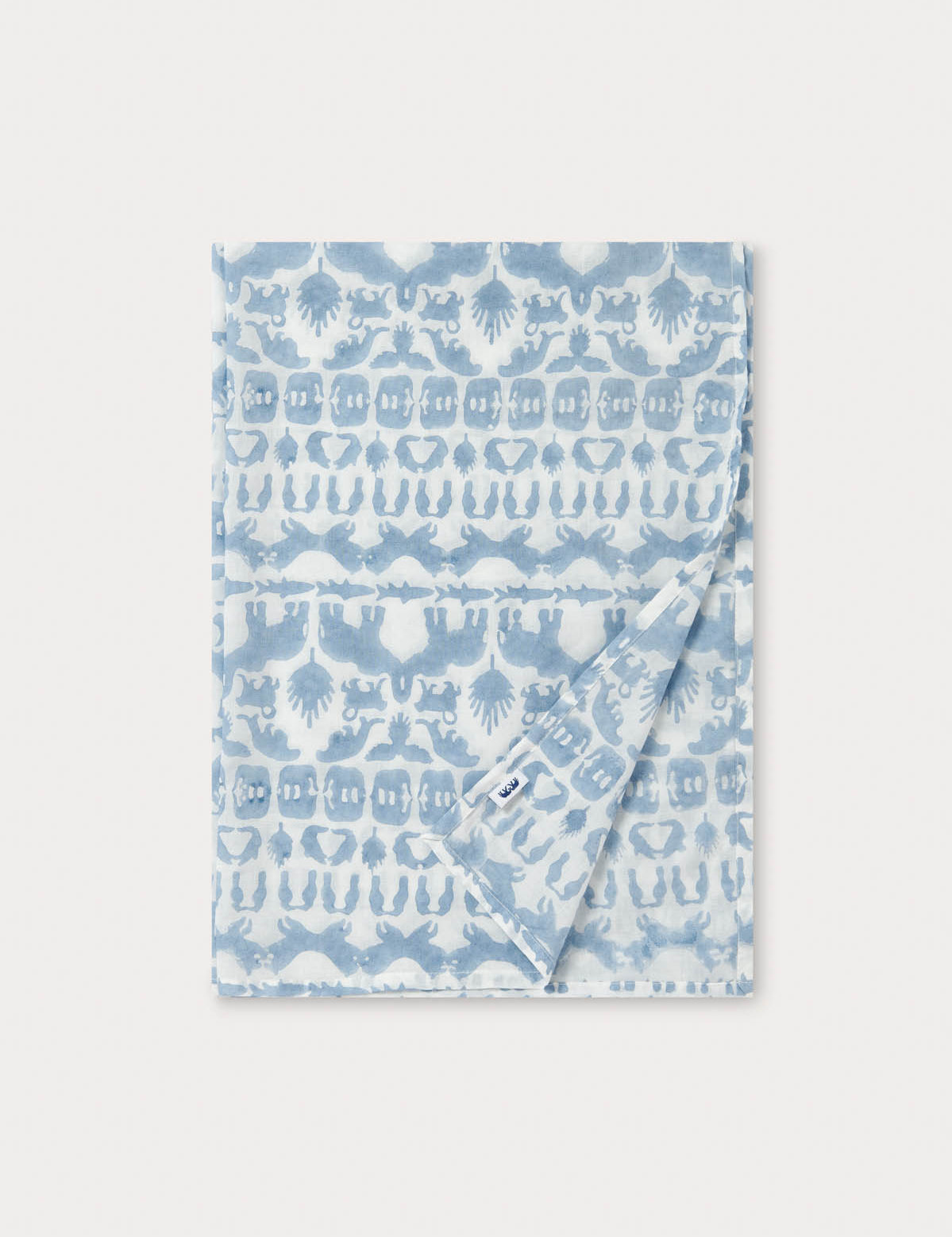 Sky blue Linen scarf with intricate block-prints of animals from the Indian jungles including elephants, tigers, and hornbills, crafted from 100% premium Belgian linen.