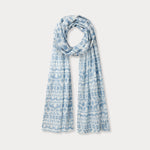 Yuma Linen Scarf - Coexist in sky blue featuring block-printed elephants, tigers, and hornbills on premium Belgian linen.