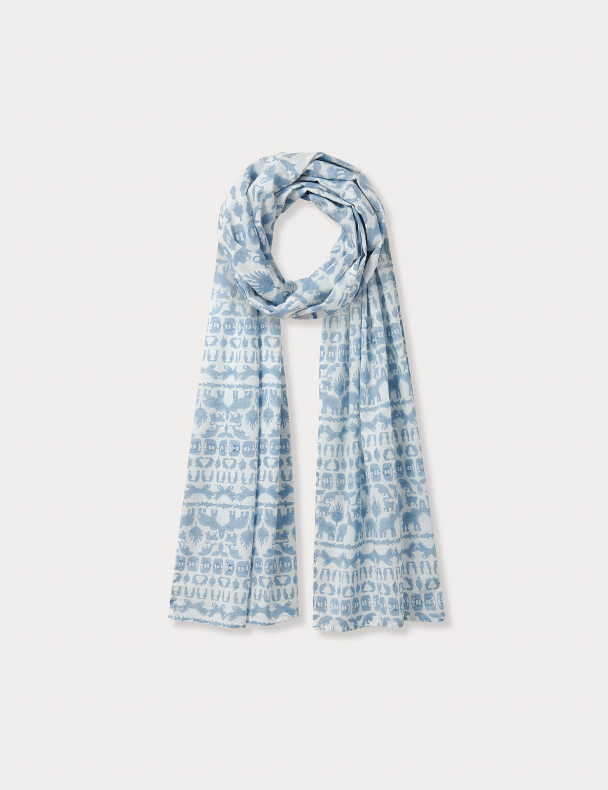 Yuma Linen Scarf - Coexist in sky blue featuring block-printed elephants, tigers, and hornbills on premium Belgian linen.