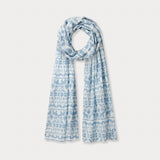 Yuma Linen Scarf - Coexist in sky blue featuring block-printed elephants, tigers, and hornbills on premium Belgian linen.