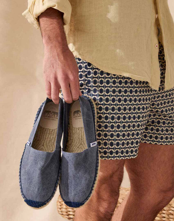 british men's swimwear brand love brand accessories collection featuring espadrilles and caps.